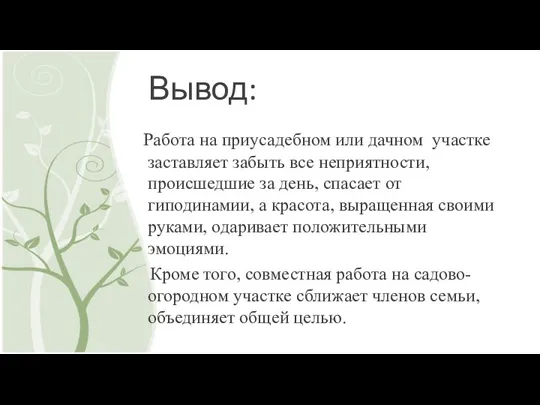 Вывод: Работа на приусадебном или дачном участке заставляет забыть все неприятности, происшедшие