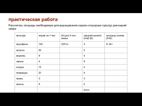 практическая работа Рассчитать площадь необходимую для выращивания садово-огородных культур для вашей семьи