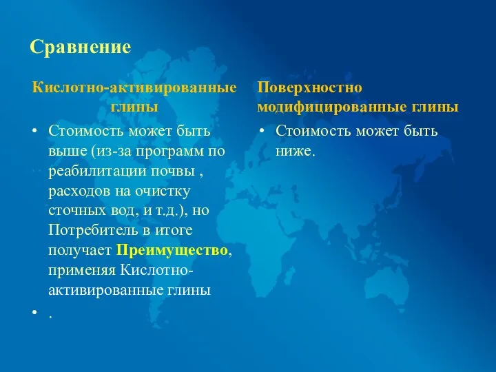 Сравнение Кислотно-активированные глины Стоимость может быть выше (из-за программ по реабилитации почвы