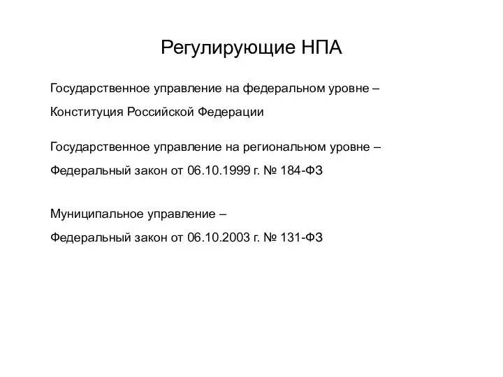 Регулирующие НПА Государственное управление на федеральном уровне – Конституция Российской Федерации Государственное