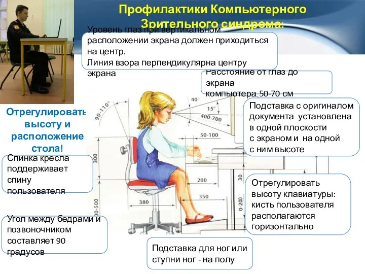 Профилактики Компьютерного Зрительного синдрома: Отрегулировать высоту и расположение стола! Угол между бедрами