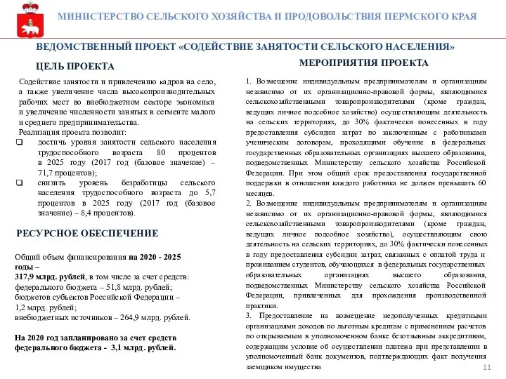 МИНИСТЕРСТВО СЕЛЬСКОГО ХОЗЯЙСТВА И ПРОДОВОЛЬСТВИЯ ПЕРМСКОГО КРАЯ РЕСУРСНОЕ ОБЕСПЕЧЕНИЕ Общий объем финансирования