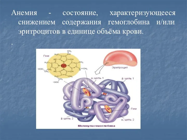 Анемия - состояние, характеризующееся снижением содержания гемоглобина и/или эритроцитов в единице объёма крови. .