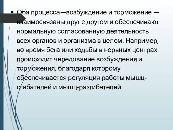 Оба процесса—возбуждение и торможение — взаимосвязаны друг с другом и обеспечивают нормальную