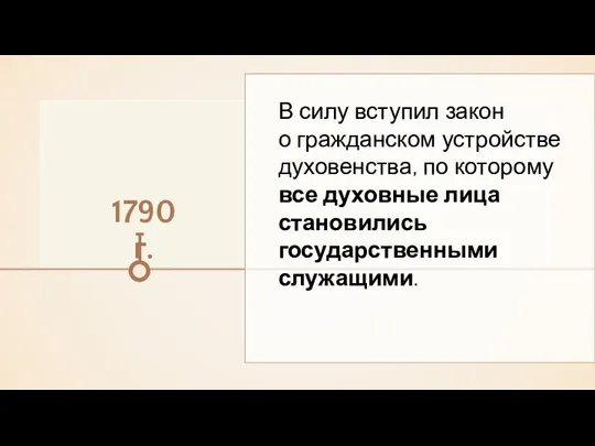 1790 г. В силу вступил закон о гражданском устройстве духовенства, по которому