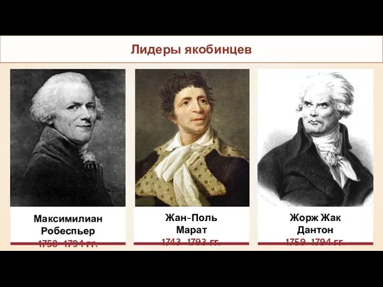 Максимилиан Робеспьер 1758–1794 гг. Жан-Поль Марат 1743–1793 гг. Жорж Жак Дантон 1759–1794 гг. Лидеры якобинцев