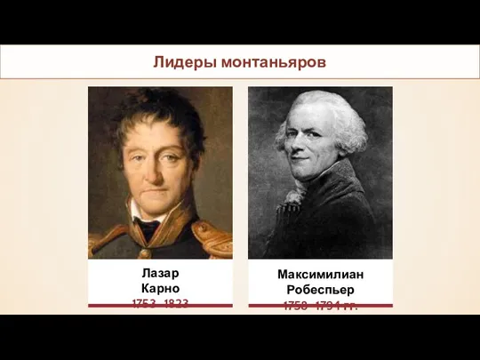 Лидеры монтаньяров Максимилиан Робеспьер 1758–1794 гг. Лазар Карно 1753–1823 гг.