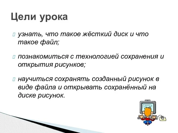 узнать, что такое жёсткий диск и что такое файл; познакомиться с технологией