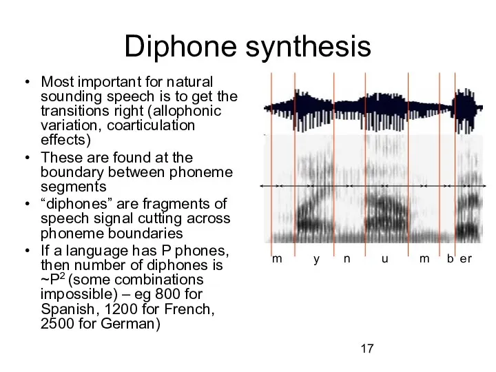 Diphone synthesis Most important for natural sounding speech is to get the