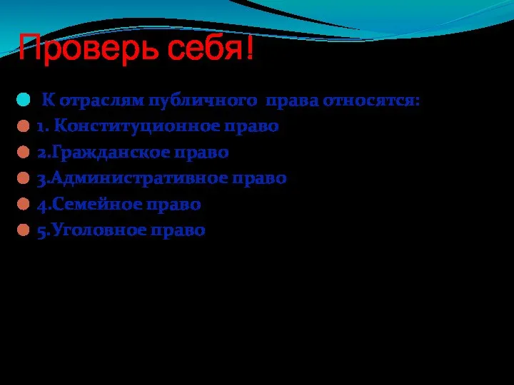 Проверь себя! К отраслям публичного права относятся: 1. Конституционное право 2.Гражданское право