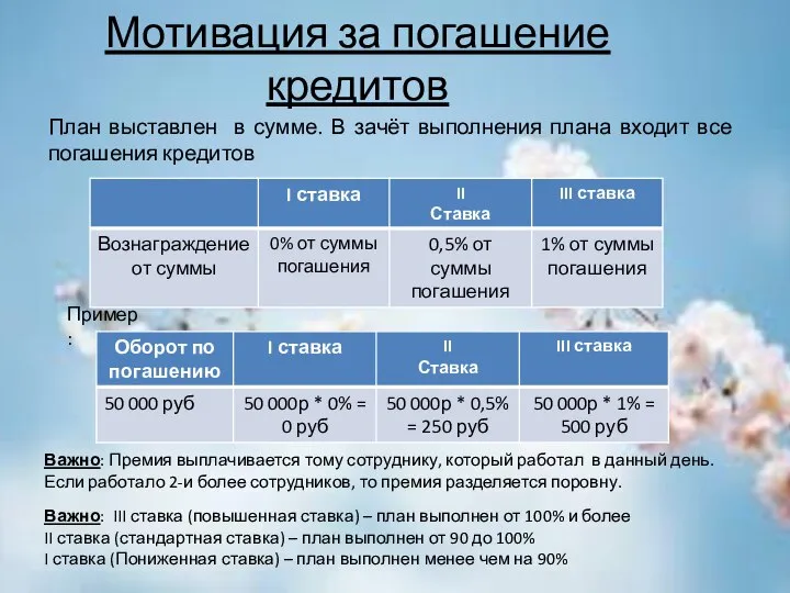 Мотивация за погашение кредитов План выставлен в сумме. В зачёт выполнения плана