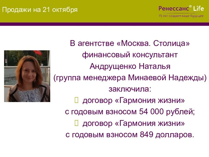 Продажи на 21 октября В агентстве «Москва. Столица» финансовый консультант Андрущенко Наталья