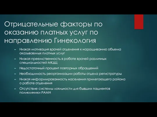 Отрицательные факторы по оказанию платных услуг по направлению Гинекология Низкая мотивация врачей