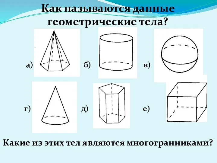 Как называются данные геометрические тела? а) б) в) г) д) е) Какие