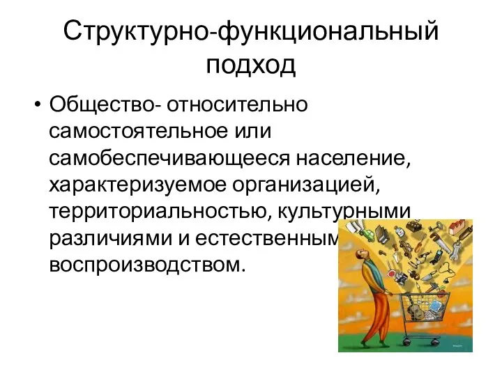 Структурно-функциональный подход Общество- относительно самостоятельное или самобеспечивающееся население, характеризуемое организацией, территориальностью, культурными различиями и естественным воспроизводством.