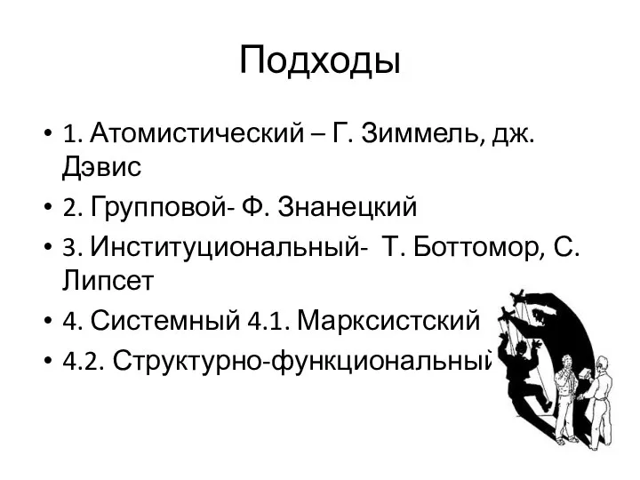 Подходы 1. Атомистический – Г. Зиммель, дж. Дэвис 2. Групповой- Ф. Знанецкий