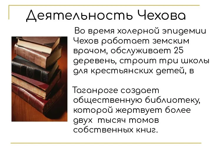 Деятельность Чехова Во время холерной эпидемии Чехов работает земским врачом, обслуживает 25