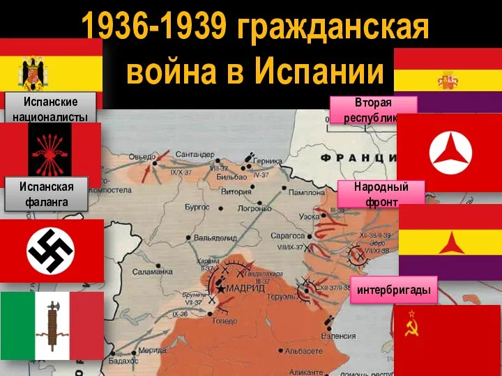 1936-1939 гражданская война в Испании Испанские националисты Испанская фаланга Вторая республика Народный фронт интербригады