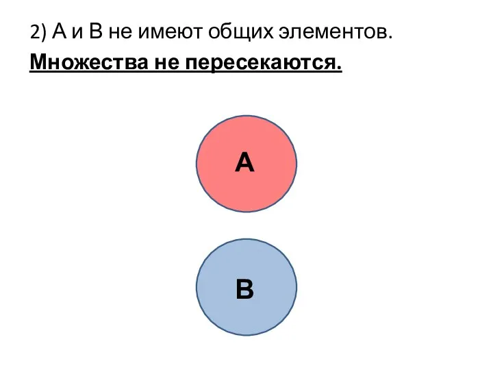 2) А и В не имеют общих элементов. Множества не пересекаются. А В