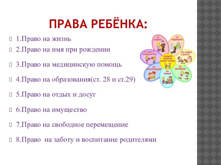 ПРАВА РЕБЁНКА: 1.Право на жизнь 2.Право на имя при рождении 3.Право на