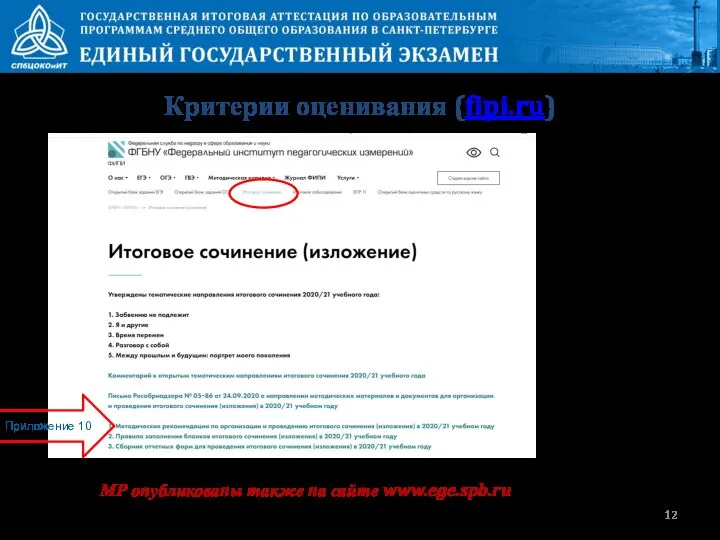 Критерии оценивания (fipi.ru) Приложение 10 МР опубликованы также на сайте www.ege.spb.ru