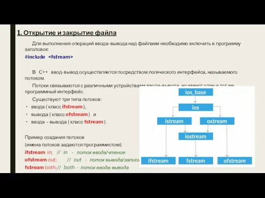 1. Открытие и закрытие файла Для выполнения операций ввода-вывода над файлами необходимо