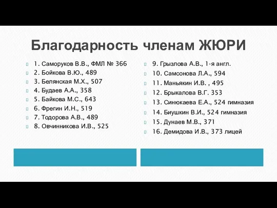 Благодарность членам ЖЮРИ 1. Саморуков В.В., ФМЛ № 366 2. Бойкова В.Ю.,