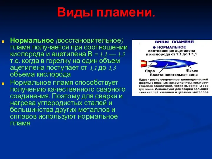 Виды пламени. Нормальное (восстановительное) пламя получается при соотношении кислорода и ацетилена В