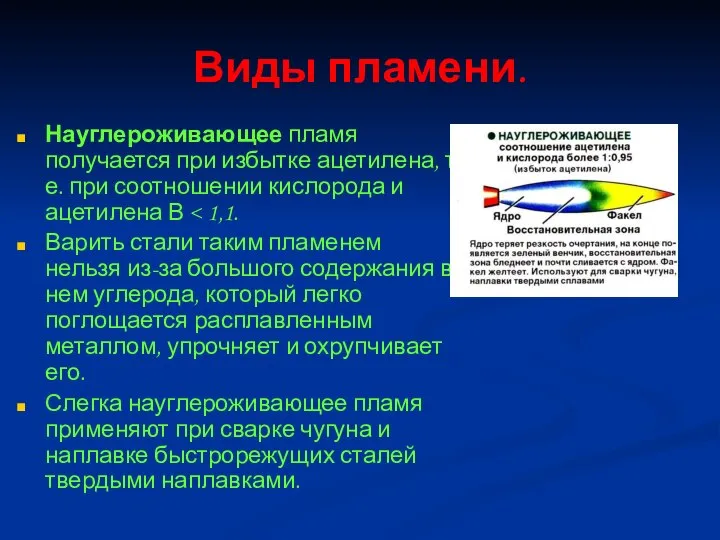 Виды пламени. Науглероживающее пламя получается при избытке ацетилена, т.е. при соотношении кислорода