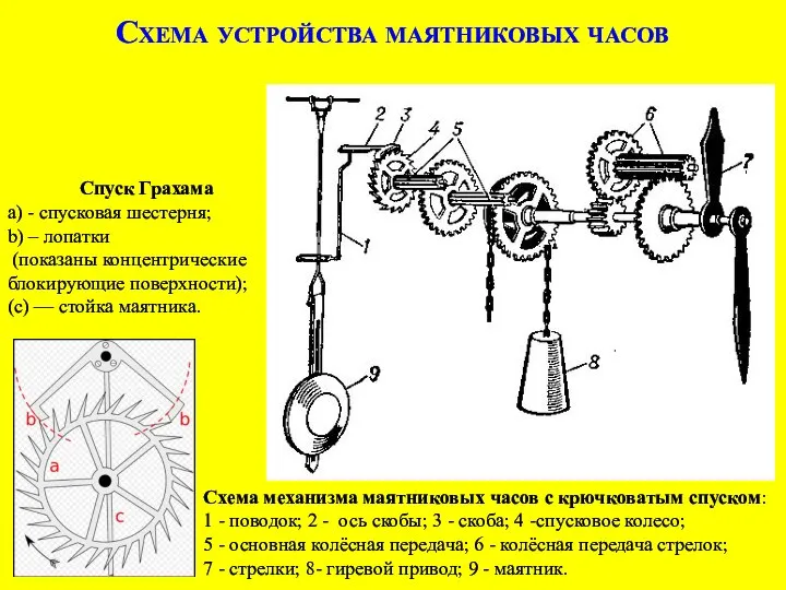 Схема механизма маятниковых часов с крючковатым спуском: 1 - поводок; 2 -