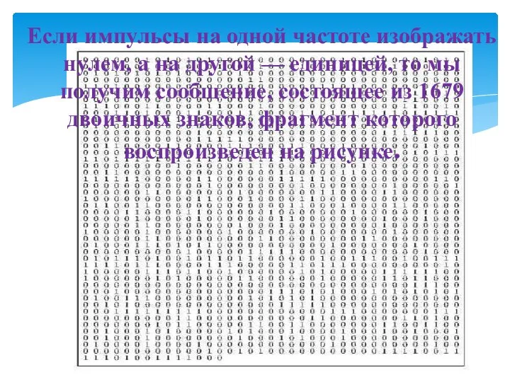 Если импульсы на одной частоте изображать нулем, а на другой — единицей,