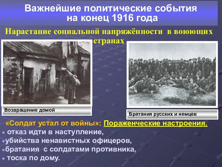 Важнейшие политические события на конец 1916 года Нарастание социальной напряжённости в воюющих