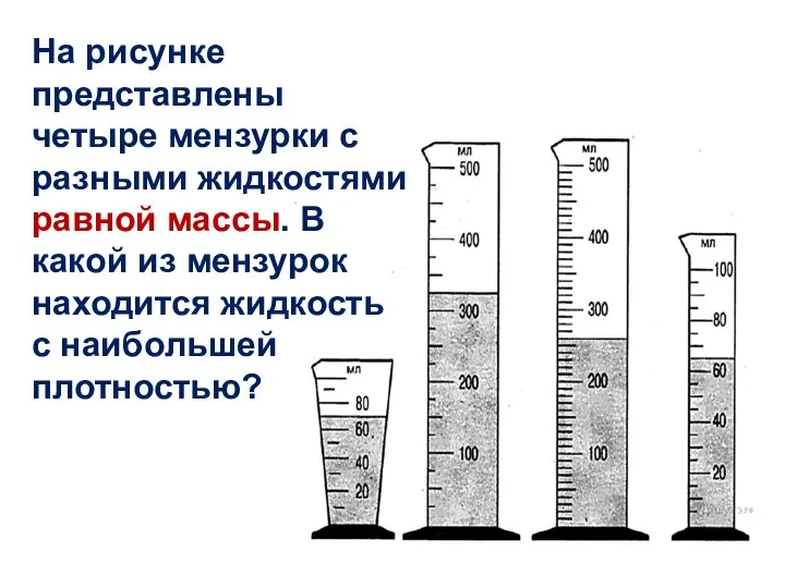 На рисунке представлены четыре мензурки с разными жидкостями равной массы. В какой