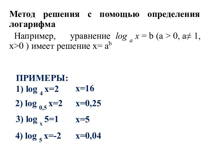 Метод решения с помощью определения логарифма Например, уравнение log а х =
