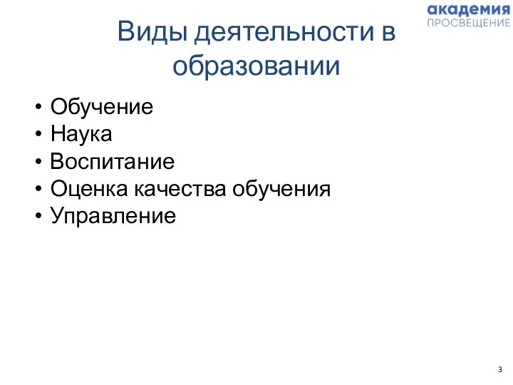 Виды деятельности в образовании Обучение Наука Воспитание Оценка качества обучения Управление