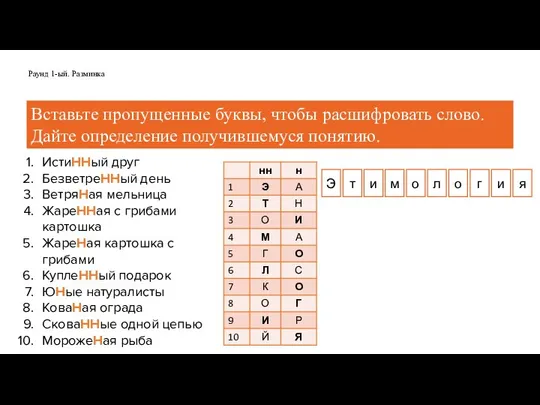 Раунд 1-ый. Разминка Вставьте пропущенные буквы, чтобы расшифровать слово. Дайте определение получившемуся