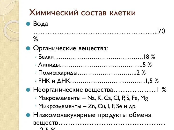 Химический состав клетки Вода ……………………………………………..70 % Органические вещества: Белки…………………………………….18 % Липиды………………………………….5 %