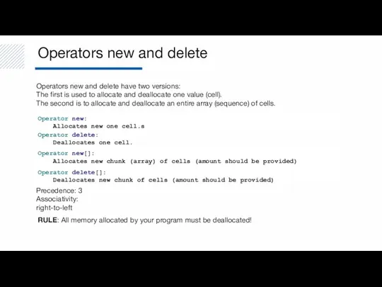 Operators new and delete Operator new: Allocates new one cell.s Operator delete: