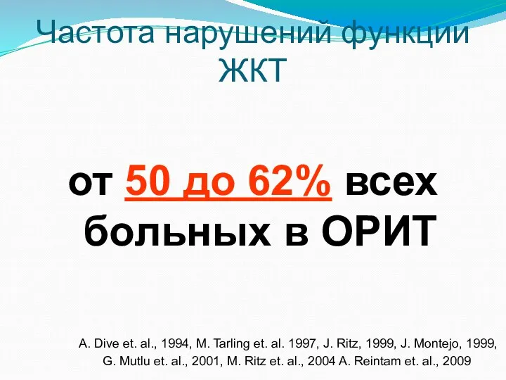 Частота нарушений функции ЖКТ от 50 до 62% всех больных в ОРИТ