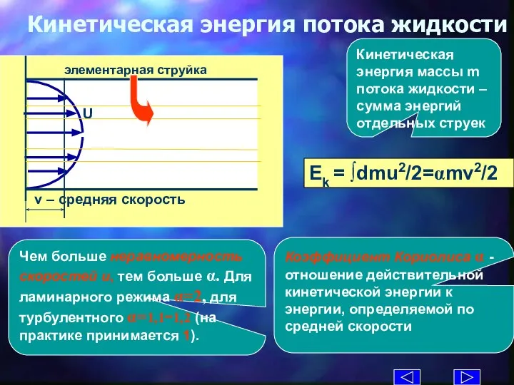 Кинетическая энергия потока жидкости Ek = ∫dmu2/2=αmv2/2 Кинетическая энергия массы m потока