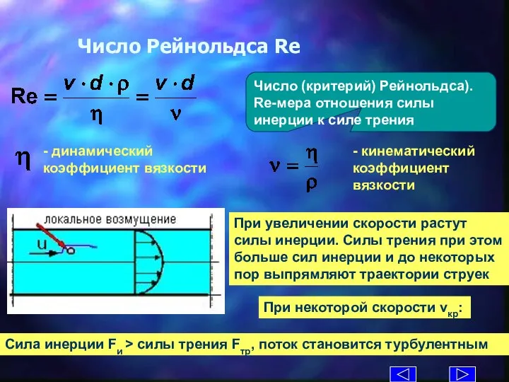 Число Рейнольдса Re Число (критерий) Рейнольдса). Re-мера отношения силы инерции к силе