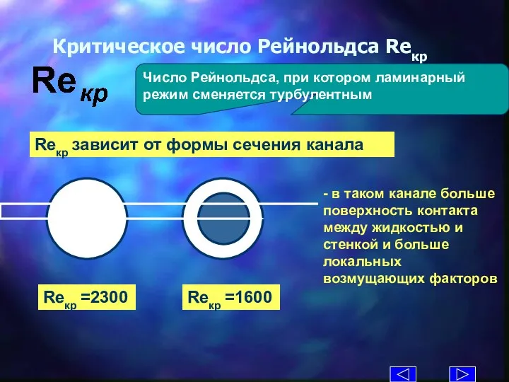 Критическое число Рейнольдса Reкр Число Рейнольдса, при котором ламинарный режим сменяется турбулентным