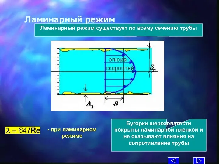 Ламинарный режим Бугорки шероховатости покрыты ламинарной пленкой и не оказывают влияния на