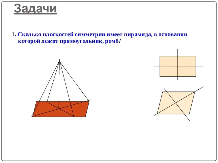 Задачи 1. Сколько плоскостей симметрии имеет пирамида, в основании которой лежит прямоугольник, ромб?
