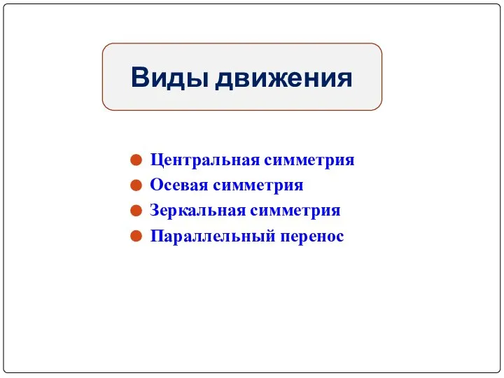 Виды движения Центральная симметрия Осевая симметрия Зеркальная симметрия Параллельный перенос