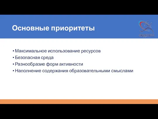 Основные приоритеты Максимальное использование ресурсов Безопасная среда Разнообразие форм активности Наполнение содержания образовательными смыслами