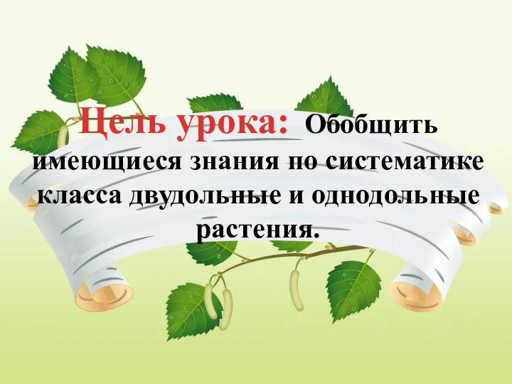 Цель урока: Обобщить имеющиеся знания по систематике класса двудольные и однодольные растения.