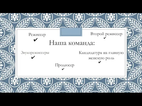 Звукорежиссеры Продюсер Кандидатура на главную женскую роль Наша команда: Второй режиссер Режиссер