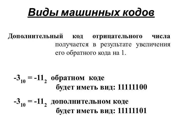 Виды машинных кодов Дополнительный код отрицательного числа получается в результате увеличения его