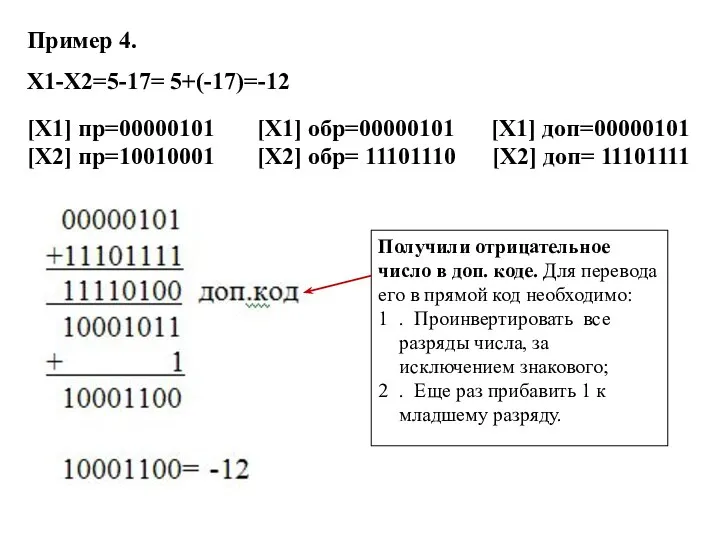 Пример 4. Х1-Х2=5-17= 5+(-17)=-12 [Х1] пр=00000101 [Х1] обр=00000101 [Х1] доп=00000101 [Х2] пр=10010001